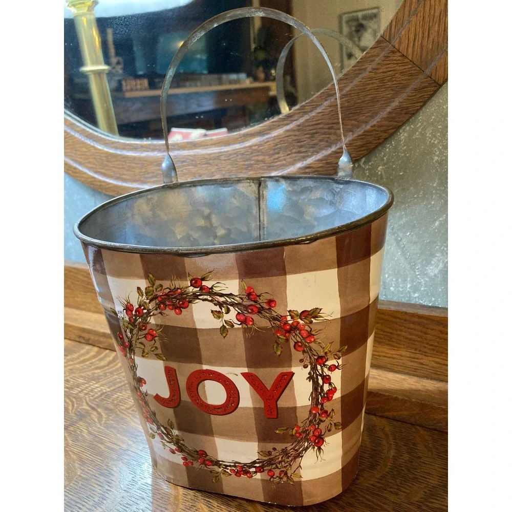 Rustic Christmas Joy Galvanized Metal Bucket Brown Buffalo Plaid Berry Wreath